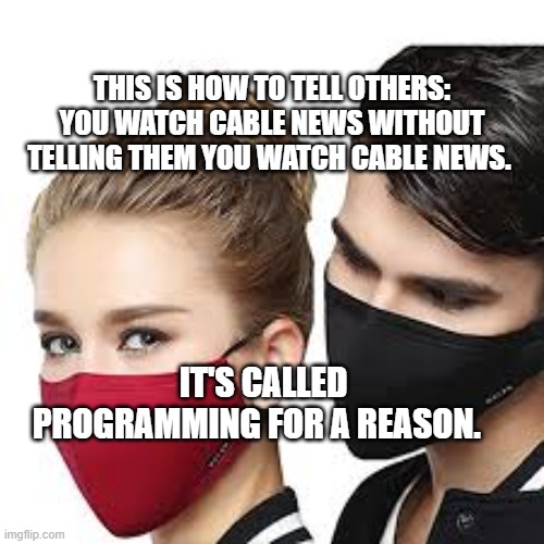 Mask Couple | THIS IS HOW TO TELL OTHERS: YOU WATCH CABLE NEWS WITHOUT TELLING THEM YOU WATCH CABLE NEWS. IT'S CALLED PROGRAMMING FOR A REASON. | image tagged in mask couple | made w/ Imgflip meme maker