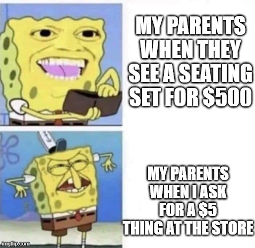 Spongebob wallet | MY PARENTS WHEN THEY SEE A SEATING SET FOR $500; MY PARENTS WHEN I ASK FOR A $5 THING AT THE STORE | image tagged in spongebob wallet | made w/ Imgflip meme maker