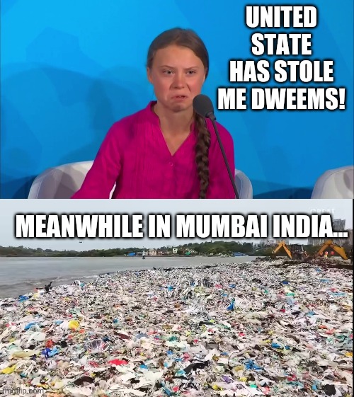 UNITED STATE HAS STOLE ME DWEEMS! MEANWHILE IN MUMBAI INDIA... | image tagged in how dare you - greta thunberg | made w/ Imgflip meme maker