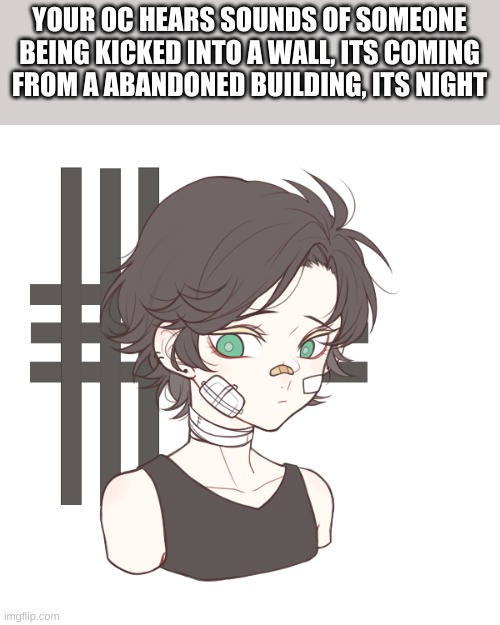 YOUR OC HEARS SOUNDS OF SOMEONE BEING KICKED INTO A WALL, ITS COMING FROM A ABANDONED BUILDING, ITS NIGHT | made w/ Imgflip meme maker