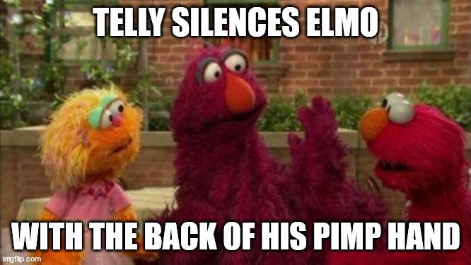 telly and elmo | TELLY SILENCES ELMO; WITH THE BACK OF HIS PIMP HAND | image tagged in telly and elmo | made w/ Imgflip meme maker