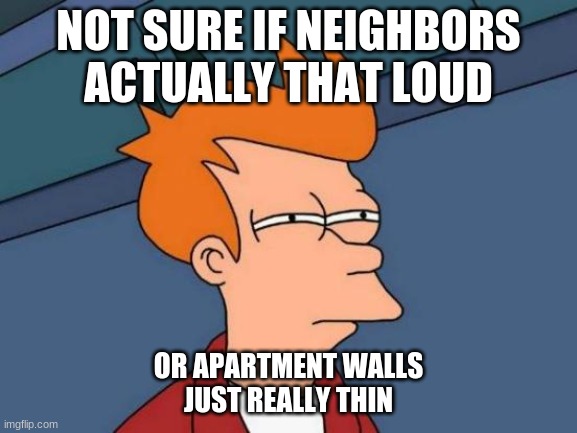 Hmmmm | NOT SURE IF NEIGHBORS
ACTUALLY THAT LOUD; OR APARTMENT WALLS
JUST REALLY THIN | image tagged in memes,futurama fry | made w/ Imgflip meme maker