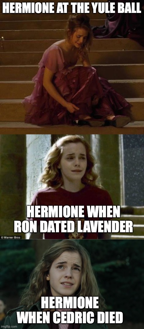 She be like ( ͡° ͜ʖ ͡°) | HERMIONE AT THE YULE BALL; HERMIONE WHEN RON DATED LAVENDER; HERMIONE WHEN CEDRIC DIED | image tagged in harry potter | made w/ Imgflip meme maker