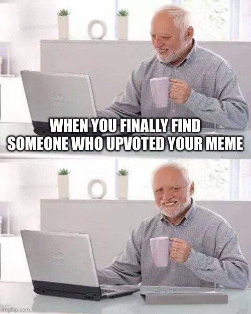 WHEN YOU FINALLY FIND SOMEONE WHO UPVOTED YOUR MEME | image tagged in memes,hide the pain harold | made w/ Imgflip meme maker