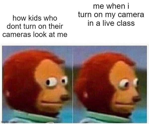 Monkey Puppet | how kids who dont turn on their cameras look at me; me when i  turn on my camera in a live class | image tagged in memes,monkey puppet | made w/ Imgflip meme maker
