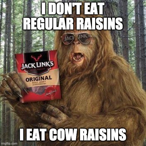 sasquatch jerky | I DON'T EAT REGULAR RAISINS I EAT COW RAISINS | image tagged in sasquatch jerky | made w/ Imgflip meme maker