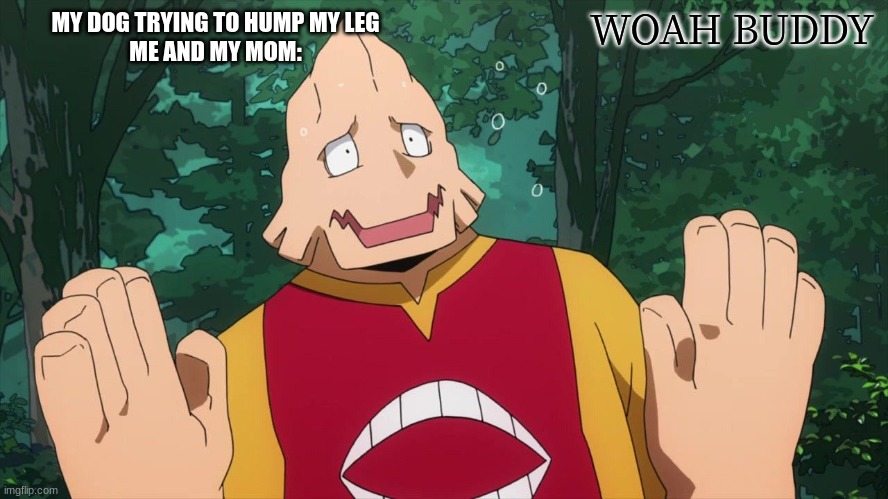 Koda woah buddy | MY DOG TRYING TO HUMP MY LEG
ME AND MY MOM: | image tagged in koda woah buddy | made w/ Imgflip meme maker