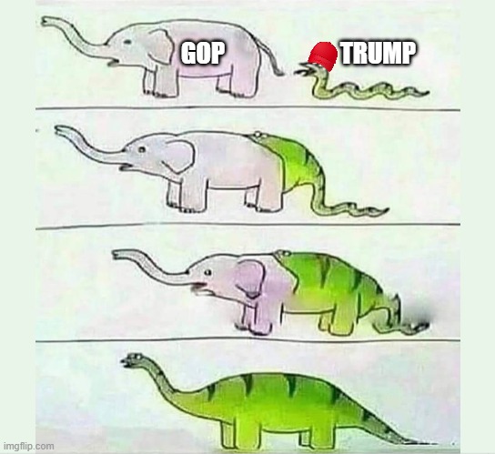 Trump the snake eats Republican party | GOP                        TRUMP | image tagged in republicans,dinosaurs,gop,trump,maga,criminals | made w/ Imgflip meme maker