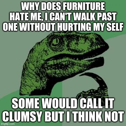 Philosoraptor | WHY DOES FURNITURE HATE ME, I CAN'T WALK PAST ONE WITHOUT HURTING MY SELF; SOME WOULD CALL IT CLUMSY BUT I THINK NOT | image tagged in memes,philosoraptor | made w/ Imgflip meme maker