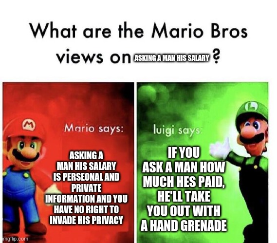 mario vs luigi | ASKING A MAN HIS SALARY; ASKING A MAN HIS SALARY IS PERSEONAL AND PRIVATE INFORMATION AND YOU HAVE NO RIGHT TO INVADE HIS PRIVACY; IF YOU ASK A MAN HOW MUCH HES PAID, HE'LL TAKE YOU OUT WITH A HAND GRENADE | image tagged in mario bros views | made w/ Imgflip meme maker