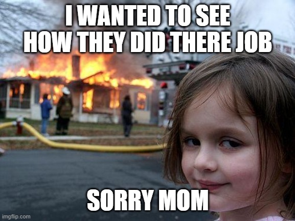 comment on this meme | I WANTED TO SEE HOW THEY DID THERE JOB; SORRY MOM | image tagged in memes,disaster girl | made w/ Imgflip meme maker