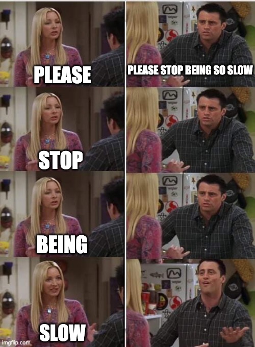 Phoebe Joey | PLEASE STOP BEING SO SLOW PLEASE STOP BEING SLOW | image tagged in phoebe joey | made w/ Imgflip meme maker