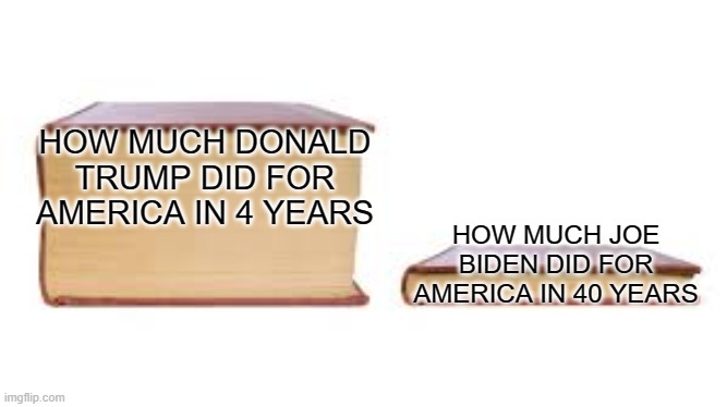 Big book small book | HOW MUCH DONALD TRUMP DID FOR AMERICA IN 4 YEARS; HOW MUCH JOE BIDEN DID FOR AMERICA IN 40 YEARS | image tagged in big book small book,joe biden,donald trump | made w/ Imgflip meme maker