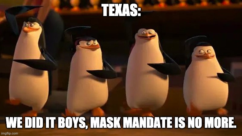 penguins of madagascar | TEXAS: WE DID IT BOYS, MASK MANDATE IS NO MORE. | image tagged in penguins of madagascar | made w/ Imgflip meme maker