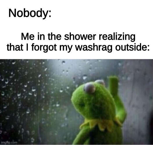 It hurts | Nobody:; Me in the shower realizing that I forgot my washrag outside: | image tagged in blank white template,kermit rain,relatable,shower,funny,memes | made w/ Imgflip meme maker