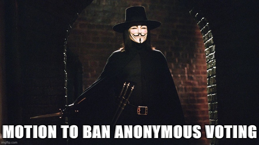 Another anti-troll/anti-alt measure for election security. Show your faces! [Proposed by The_Right-Minded_Knight] | MOTION TO BAN ANONYMOUS VOTING | image tagged in v for vendetta | made w/ Imgflip meme maker