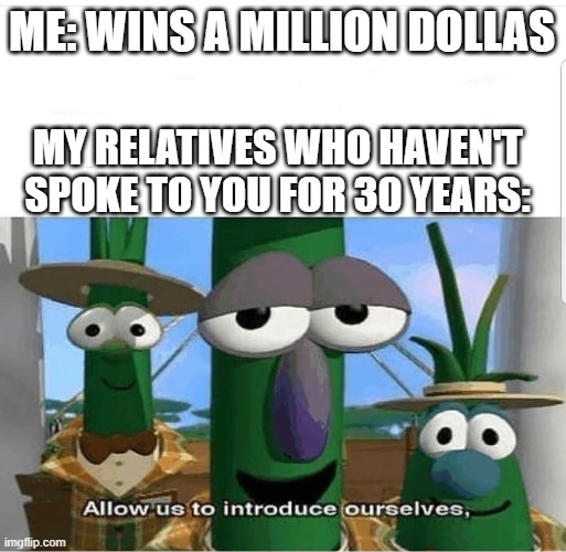 Those unlucky winners... | ME: WINS A MILLION DOLLAS; MY RELATIVES WHO HAVEN'T SPOKE TO YOU FOR 30 YEARS: | image tagged in allow us to introduce ourselves,relatives | made w/ Imgflip meme maker