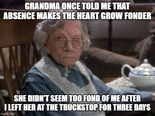 Angry Grandma | GRANDMA ONCE TOLD ME THAT ABSENCE MAKES THE HEART GROW FONDER; SHE DIDN'T SEEM TOO FOND OF ME AFTER I LEFT HER AT THE TRUCKSTOP FOR THREE DAYS | image tagged in angry grandma | made w/ Imgflip meme maker