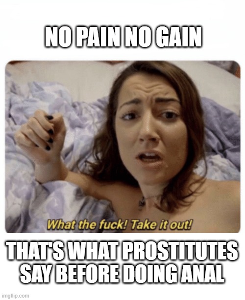 The Prostitue Model | NO PAIN NO GAIN; THAT'S WHAT PROSTITUTES SAY BEFORE DOING ANAL | image tagged in what the fuck take it out | made w/ Imgflip meme maker