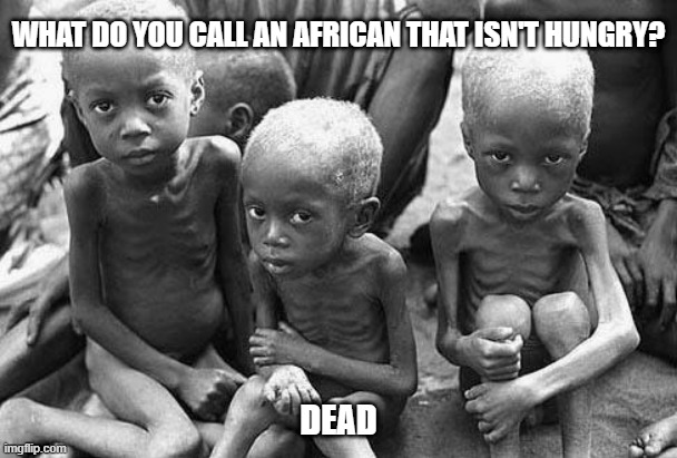 Hungry | WHAT DO YOU CALL AN AFRICAN THAT ISN'T HUNGRY? DEAD | image tagged in starving africans | made w/ Imgflip meme maker