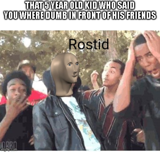 Meme Man Rostid | THAT 5 YEAR OLD KID WHO SAID YOU WHERE DUMB IN FRONT OF HIS FRIENDS | image tagged in meme man rostid | made w/ Imgflip meme maker