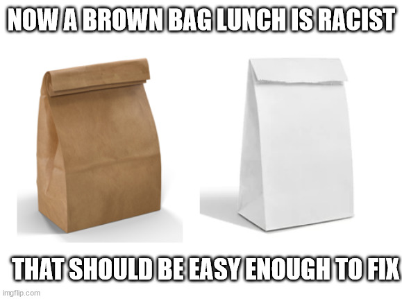 Lunch time | NOW A BROWN BAG LUNCH IS RACIST; THAT SHOULD BE EASY ENOUGH TO FIX | image tagged in it's in the bag | made w/ Imgflip meme maker