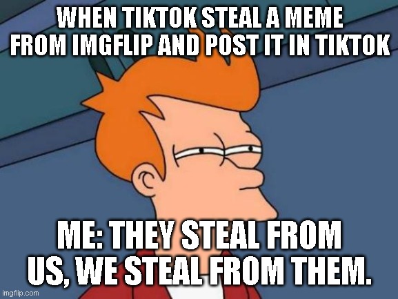 Facts or opinion? Also my first meme :) | WHEN TIKTOK STEAL A MEME FROM IMGFLIP AND POST IT IN TIKTOK; ME: THEY STEAL FROM US, WE STEAL FROM THEM. | image tagged in memes,futurama fry | made w/ Imgflip meme maker