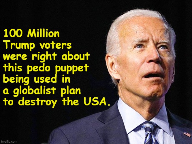 The New World Order is on the march and is being exposed. | 100 Million Trump voters were right about this pedo puppet being used in a globalist plan to destroy the USA. | image tagged in joe biden confused | made w/ Imgflip meme maker