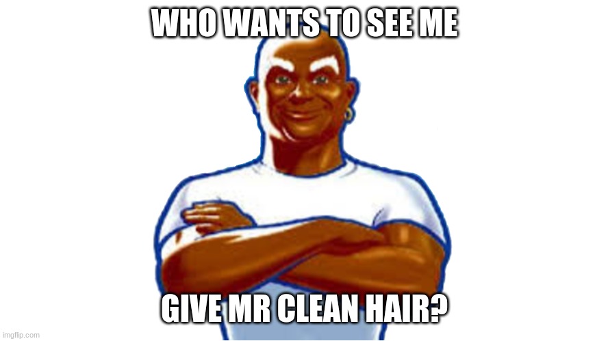 Mr. Clean | WHO WANTS TO SEE ME; GIVE MR CLEAN HAIR? | image tagged in mr clean | made w/ Imgflip meme maker