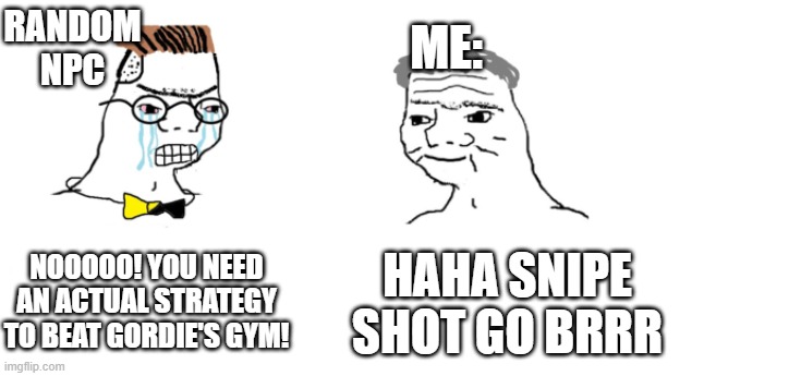 Spammed Snipe shot then got the gym badge | ME:; RANDOM NPC; NOOOOO! YOU NEED AN ACTUAL STRATEGY TO BEAT GORDIE'S GYM! HAHA SNIPE SHOT GO BRRR | image tagged in nooo haha go brrr | made w/ Imgflip meme maker