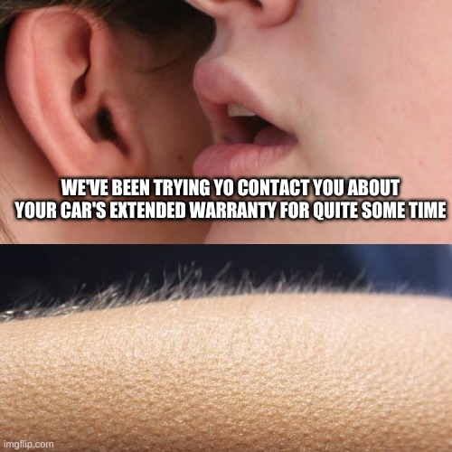 Warranty | WE'VE BEEN TRYING YO CONTACT YOU ABOUT YOUR CAR'S EXTENDED WARRANTY FOR QUITE SOME TIME | image tagged in whisper and goosebumps | made w/ Imgflip meme maker