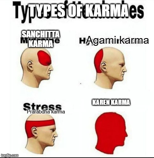 types of karma | TYPES OF KARMA; SANCHITTA KARMA; Agami karma; KAREN KARMA; Prarabdha karma | image tagged in types of headaches meme | made w/ Imgflip meme maker