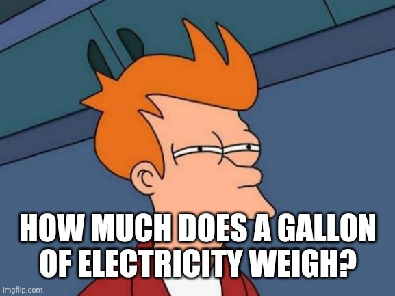 Futurama Fry Meme | HOW MUCH DOES A GALLON OF ELECTRICITY WEIGH? | image tagged in memes,futurama fry | made w/ Imgflip meme maker