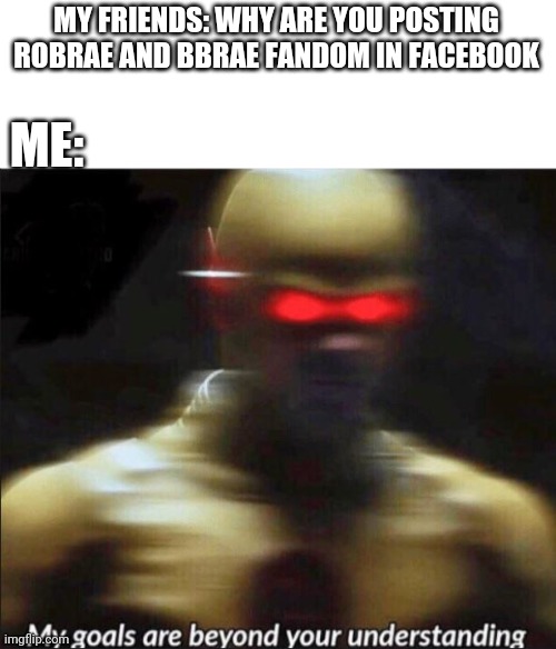 my goals are beyond your understanding | MY FRIENDS: WHY ARE YOU POSTING ROBRAE AND BBRAE FANDOM IN FACEBOOK; ME: | image tagged in my goals are beyond your understanding | made w/ Imgflip meme maker