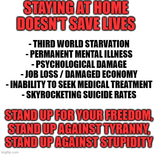 Staying at home doesn't save lives | STAYING AT HOME DOESN'T SAVE LIVES; - THIRD WORLD STARVATION
- PERMANENT MENTAL ILLNESS
- PSYCHOLOGICAL DAMAGE
- JOB LOSS / DAMAGED ECONOMY
- INABILITY TO SEEK MEDICAL TREATMENT
- SKYROCKETING SUICIDE RATES; STAND UP FOR YOUR FREEDOM, STAND UP AGAINST TYRANNY, STAND UP AGAINST STUPIDITY | image tagged in memes,blank transparent square | made w/ Imgflip meme maker