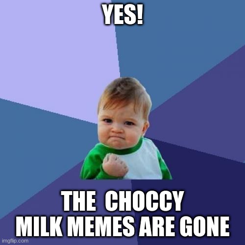 Oh yeah the boogie boogie | YES! THE  CHOCCY MILK MEMES ARE GONE | image tagged in memes,success kid | made w/ Imgflip meme maker