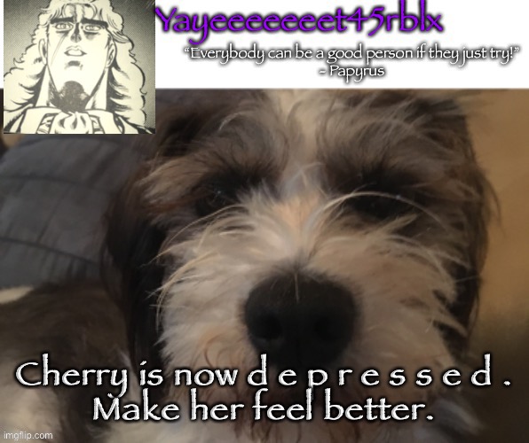 Cherry: *depresso* | Cherry is now d e p r e s s e d .

Make her feel better. | image tagged in yayeeeeeeet45rblx announcement | made w/ Imgflip meme maker