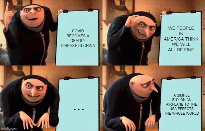 COVID | COVID BECOMES A DEADLY DISEASE IN CHINA; WE PEOPLE IN AMERICA THINK WE WILL ALL BE FINE; ... A SIMPLE GUY ON AN AIRPLANE TO THE USA EFFECTS THE WHOLE WORLD | image tagged in memes,gru's plan | made w/ Imgflip meme maker