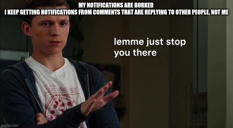 I'm getting other peoples notifications .-. How? | MY NOTIFICATIONS ARE BORKED 
I KEEP GETTING NOTIFICATIONS FROM COMMENTS THAT ARE REPLYING TO OTHER PEOPLE, NOT ME | image tagged in lemme just stop you there | made w/ Imgflip meme maker