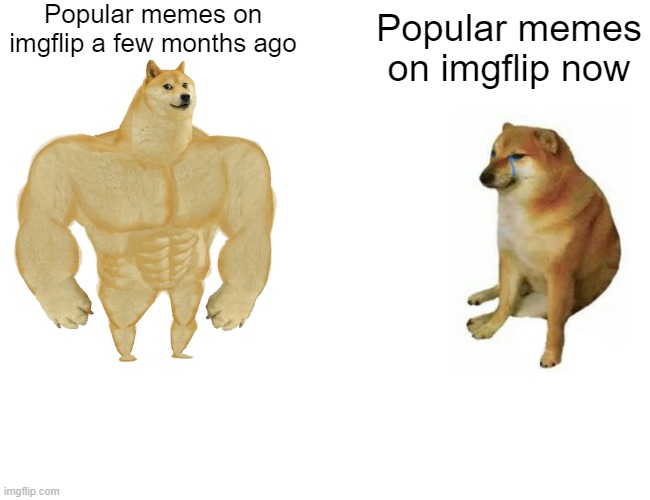 Front page is crap nowadays | Popular memes on imgflip a few months ago; Popular memes on imgflip now | image tagged in memes,buff doge vs cheems,oh wow are you actually reading these tags | made w/ Imgflip meme maker