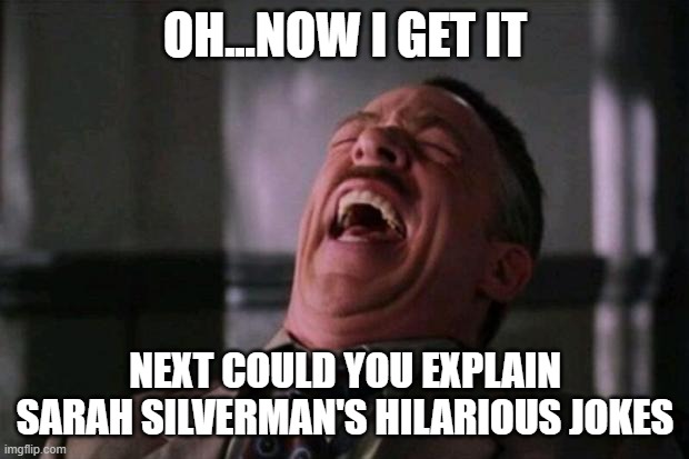 Spider Man boss | OH...NOW I GET IT NEXT COULD YOU EXPLAIN SARAH SILVERMAN'S HILARIOUS JOKES | image tagged in spider man boss | made w/ Imgflip meme maker