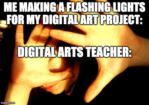 Too Bright | ME MAKING A FLASHING LIGHTS FOR MY DIGITAL ART PROJECT: DIGITAL ARTS TEACHER: | image tagged in too bright | made w/ Imgflip meme maker