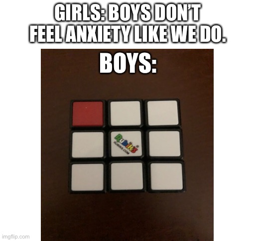 “REEEEE intensifies” |  GIRLS: BOYS DON’T FEEL ANXIETY LIKE WE DO. BOYS: | image tagged in blank white template,anxiety,rubik cube,reeeeeeeeeeeeeeeeeeeeee | made w/ Imgflip meme maker