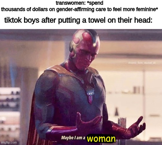 yeah.... | transwomen: *spend thousands of dollars on gender-affirming care to feel more feminine*; tiktok boys after putting a towel on their head:; woman | image tagged in maybe i am a monster blank | made w/ Imgflip meme maker