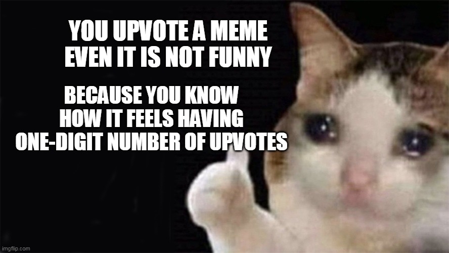 You all know how it feels having upvotes lessthat 10 | YOU UPVOTE A MEME EVEN IT IS NOT FUNNY; BECAUSE YOU KNOW HOW IT FEELS HAVING ONE-DIGIT NUMBER OF UPVOTES | image tagged in thumbs up of a crying cat | made w/ Imgflip meme maker