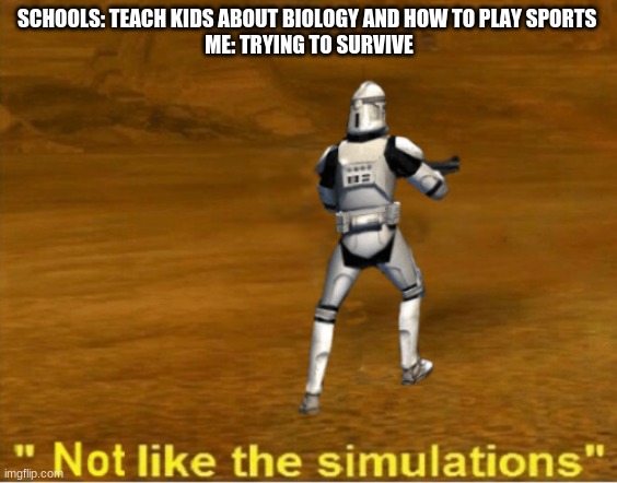 not like the simulations | SCHOOLS: TEACH KIDS ABOUT BIOLOGY AND HOW TO PLAY SPORTS 

ME: TRYING TO SURVIVE | image tagged in not like the simulations | made w/ Imgflip meme maker