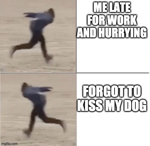 Naruto Runner, Drake (Flipped) | ME LATE FOR WORK AND HURRYING; FORGOT TO KISS MY DOG | image tagged in naruto runner drake flipped,wholesome | made w/ Imgflip meme maker