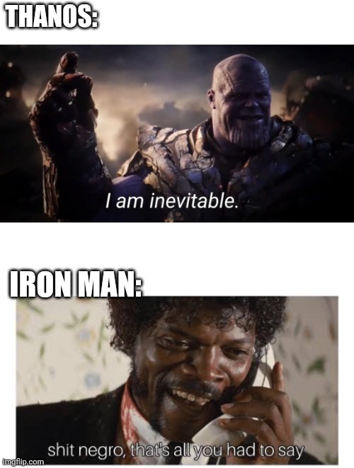 THANOS:; IRON MAN: | image tagged in i am inevitable,shit negro that s all you had to say | made w/ Imgflip meme maker