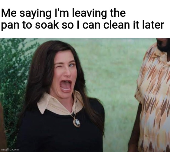 Me saying I'm leaving the pan to soak so I can clean it later | image tagged in blank white template,wandavision agnes wink | made w/ Imgflip meme maker