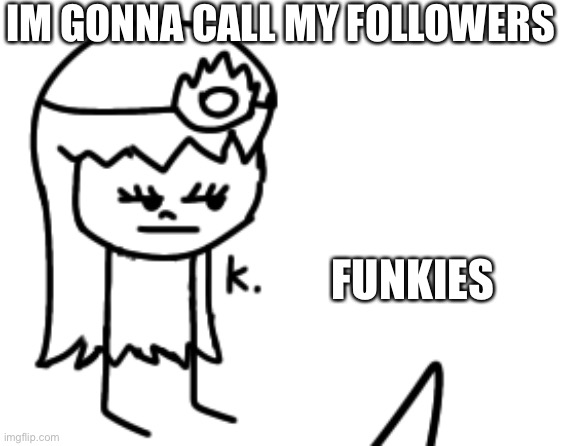 OH HELLO THERE FUNKIES | IM GONNA CALL MY FOLLOWERS; FUNKIES | image tagged in k | made w/ Imgflip meme maker